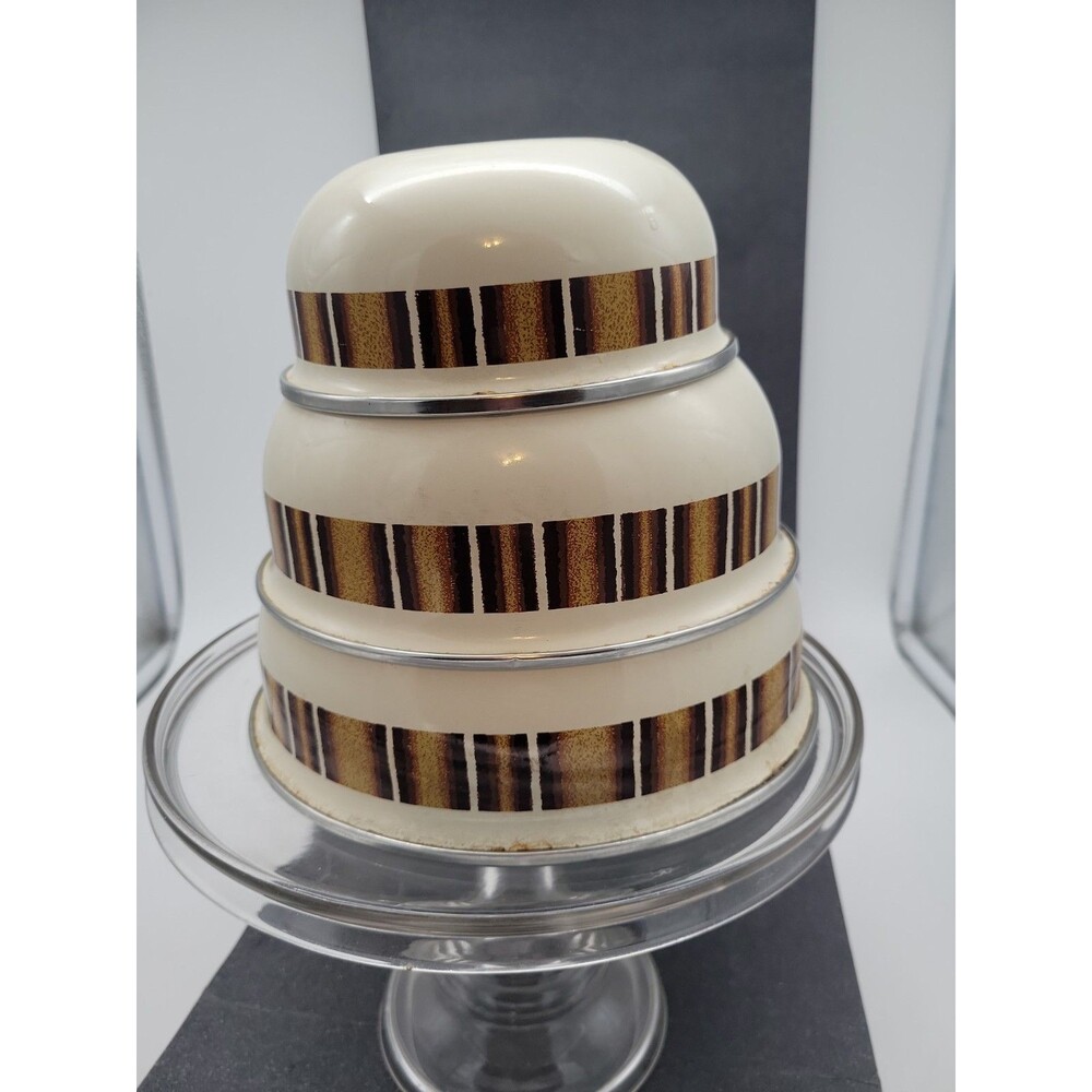 1960s Metal Enamel Mixing Bowl Set Brown Cream Retro Vtg 3 Piece Stripe Camping